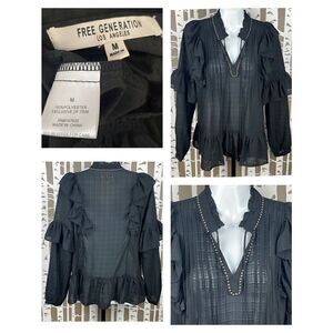 Anthropologie Free Generation Black Semi-Sheer Ruffled Studded Balloon Sleeve Bl